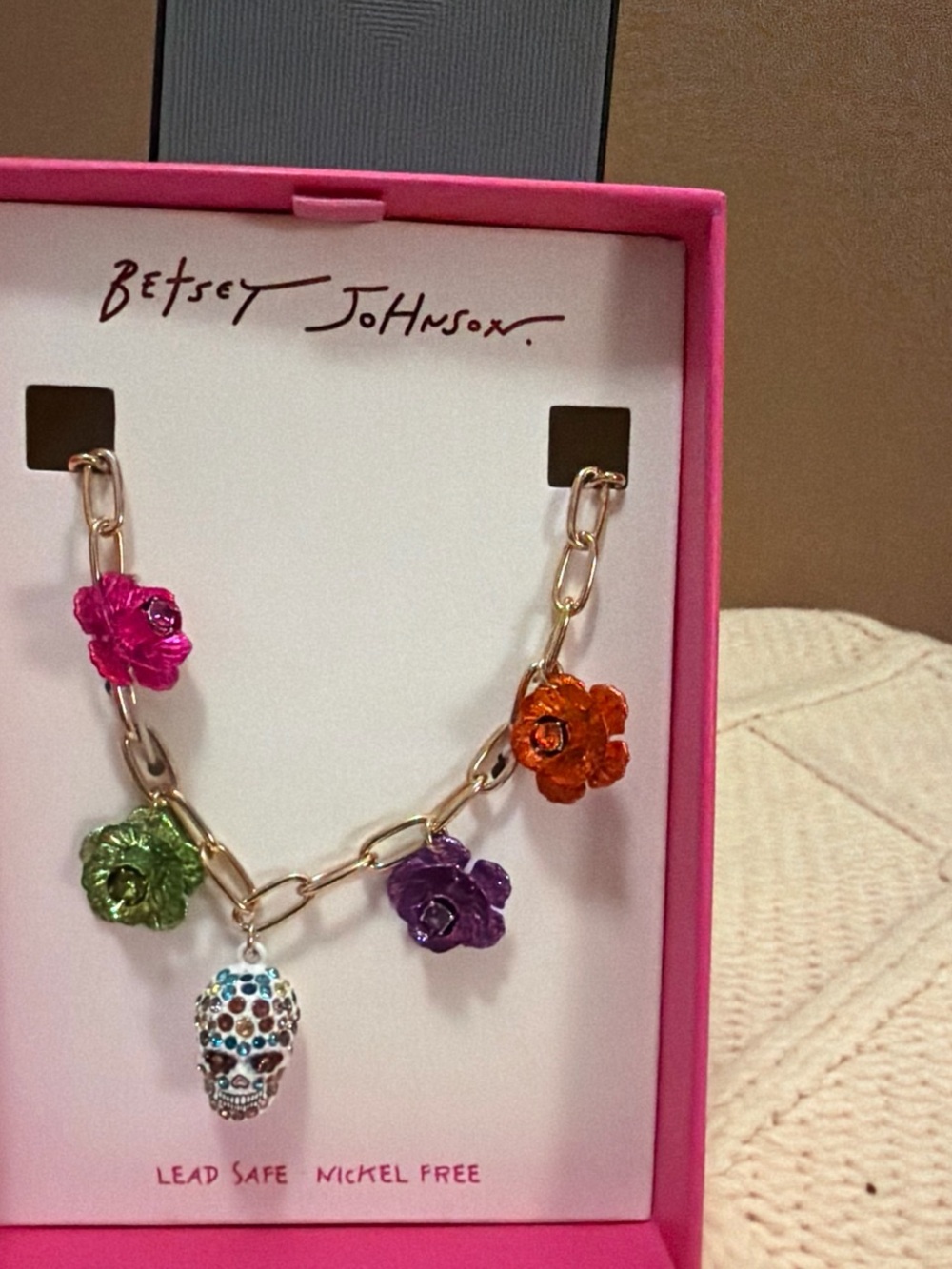 Betsey Johnson Pink Multicolor Flower & Skull Charm Necklace